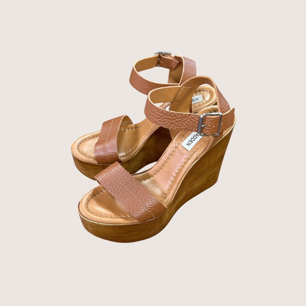 Steve Madden Tan Wedge Sandals Ankle Strap Wood Look Heel EU38, US7-7.5